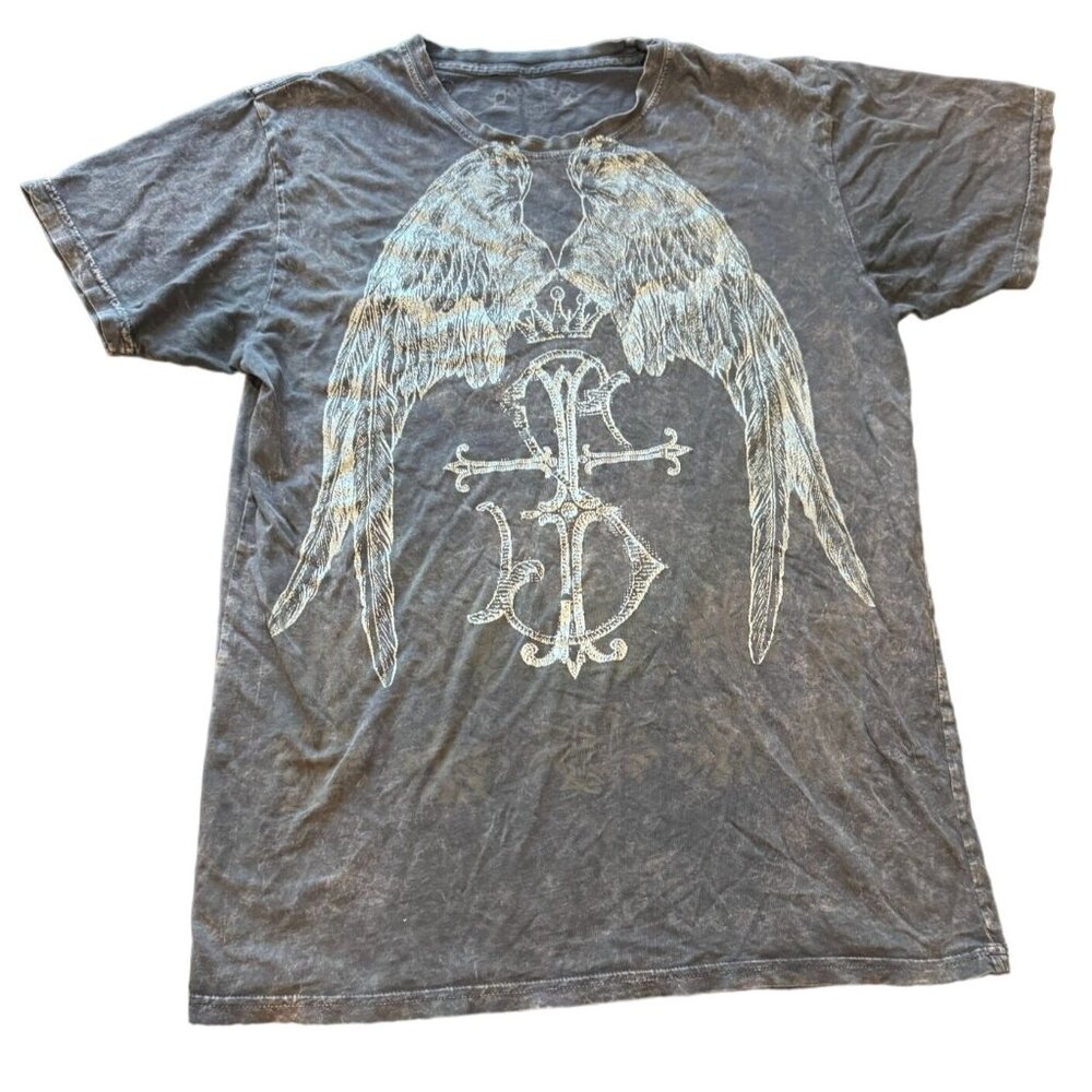 Christian Audigier Wings Cross Graphic Tee Grey Acid‎ Wash Y2K Shirt Medium